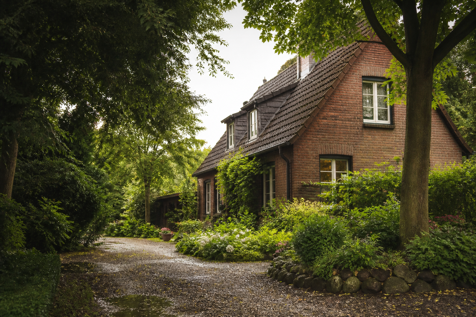 Generische KI-Illustration eines Backsteinhauses im Garten ohne örtlichen Objektbezug